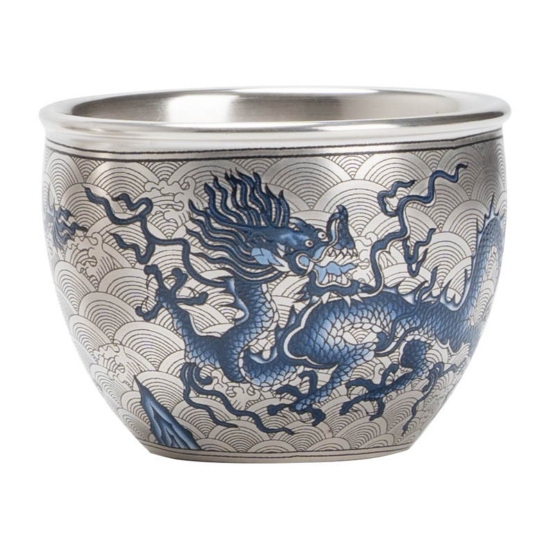 Cốc bình phong hoa văn rồng trắng xanh mạ bạc 999 cốc đơn cao cấp cốc chủ nhân Bộ trà Kungfu cốc trà
