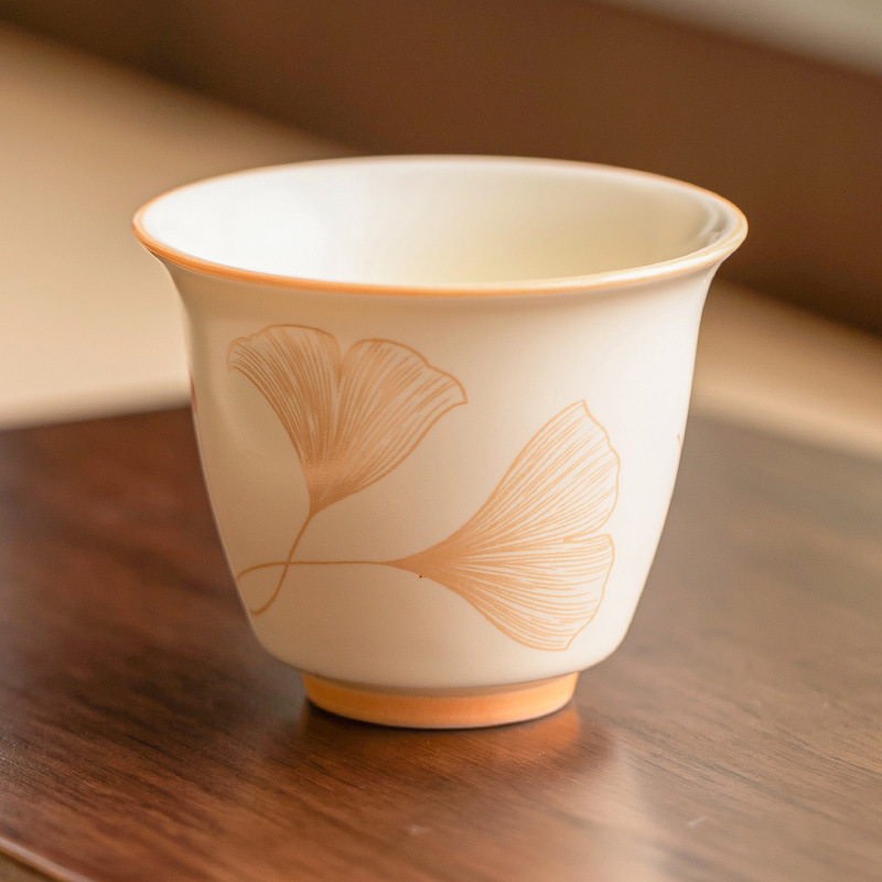 Cốc kiểu đồng hồ bạch quả màu be, cốc trà gốm sứ, cốc chủ nhân, cốc trà Kung Fu, cốc trà chuyên dùng để uống trà gia dụng