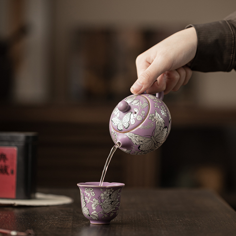 Bình lọc gốm sứ gia dụng hình bướm bạc Ru tím, hoa tình yêu Xishi, một ngăn, có thể dùng pha trà, hộp quà tặng