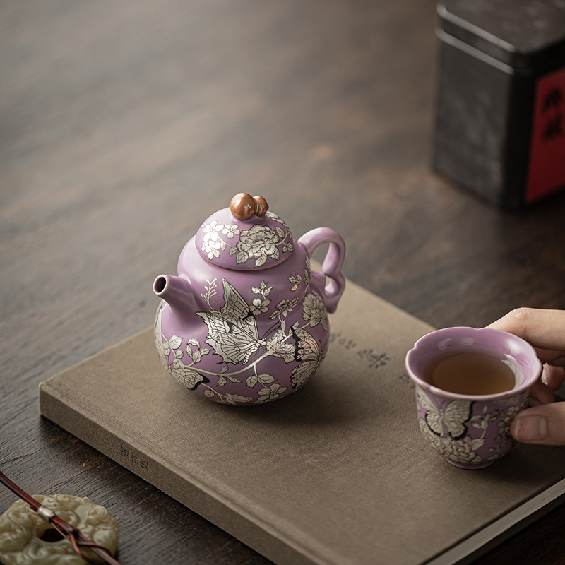 Chậu bầu hoa tình yêu bướm mạ bạc Ziru có thể mở được, ấm trà gốm sứ chống bỏng, ấm cầm tay, ấm đơn, hộp quà