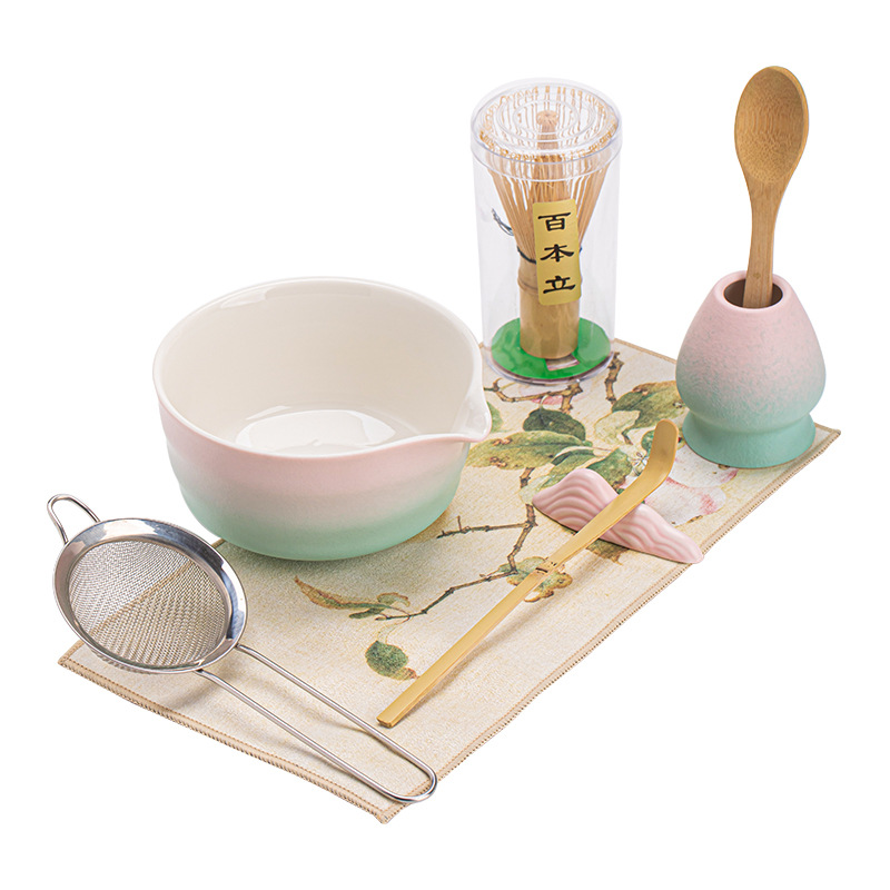 Gradient hồng xanh lá cây ren matcha bát trà bình trà đứng gốm sứ phụ kiện bình trà Nhật Bản đế bàn chải trà hỗ trợ trà đạo