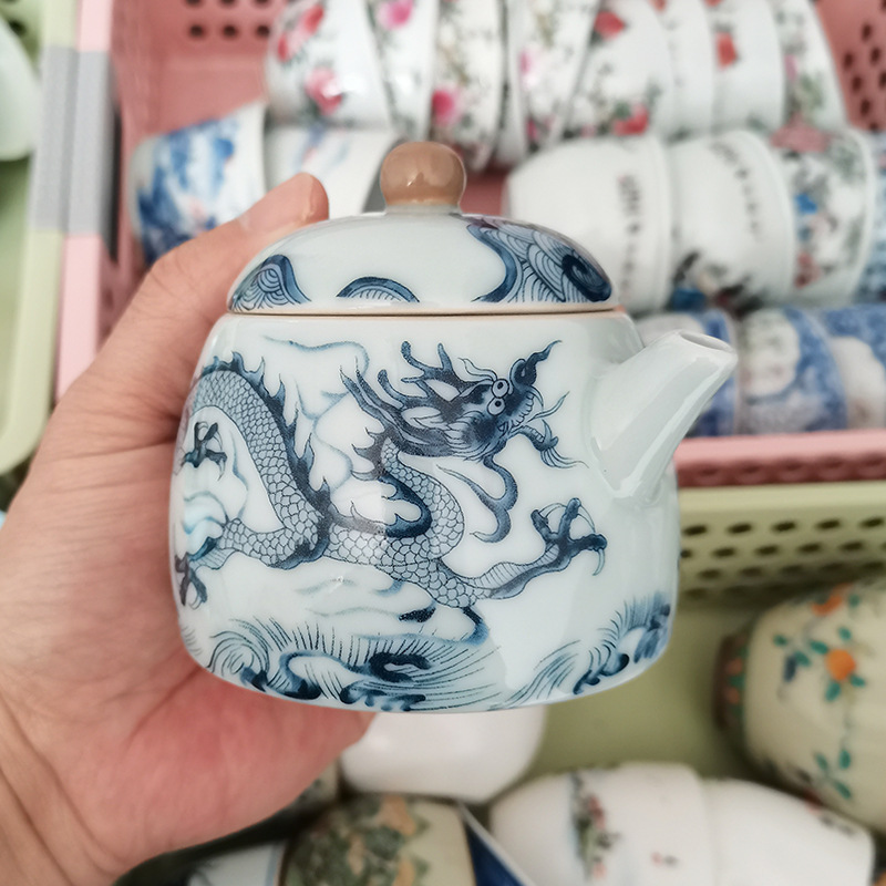 Ấm trà hoa văn rồng trắng gốm sứ Jingdezhen ấm lọc bộ trà Kung Fu gia dụng cao cấp ấm pha trà có khay đựng trà