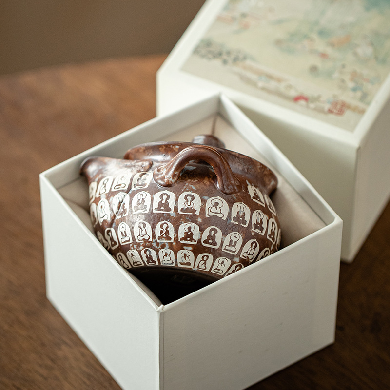 Ấm tay gốm thô bùn đá cũ Đôn Hoàng Vạn Phật mạ bạc Bảo Bình dụng cụ pha trà Kung Fu gia dụng ấm trà gốm sứ ấm đơn