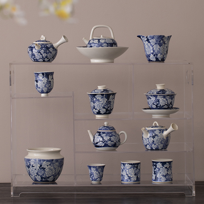 Bộ trà bát có nắp ba tài màu xanh và trắng quốc gia Bộ trà Kung Fu sản phẩm duy nhất Bộ trà tay cầm bên ấm trà cốc trà đơn không nóng