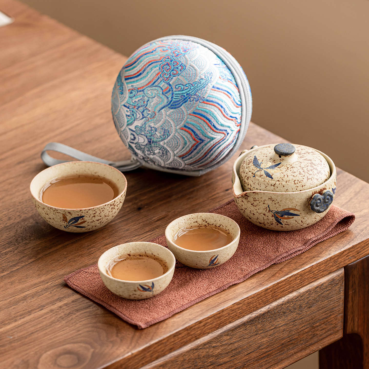 Bộ trà du lịch đá lửa trắng xanh, cốc khách nhanh gốm sứ Ruyi, thiết bị uống trà cắm trại ngoài trời, bộ trà uống cho một người