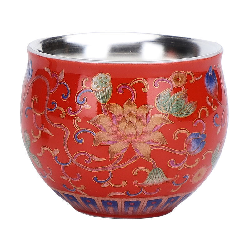 Cốc bạc có đế lót ly 999 cốc trà mạ bạc thủ công bằng bạc nguyên chất men màu Kung Fu tách trà bát trà cốc chủ nhân