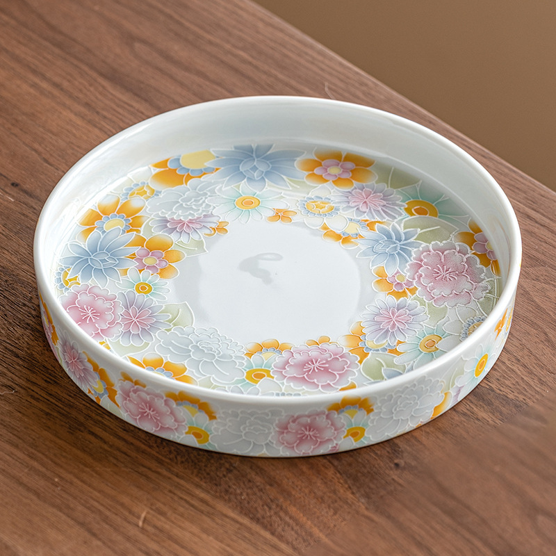 Khay pha khô Vạn Hoa tráng men cổ khay trà quốc triều bộ trà gia dụng khay trà mới Trung Quốc gốm sứ hình tròn lót trà