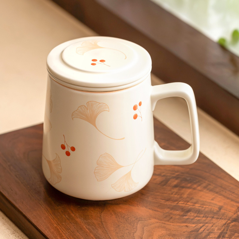 Cốc sứ bạch quả màu be cốc văn phòng cốc nước gốm cốc pha trà cốc tách nước cốc cốc lớn gia dụng có nắp