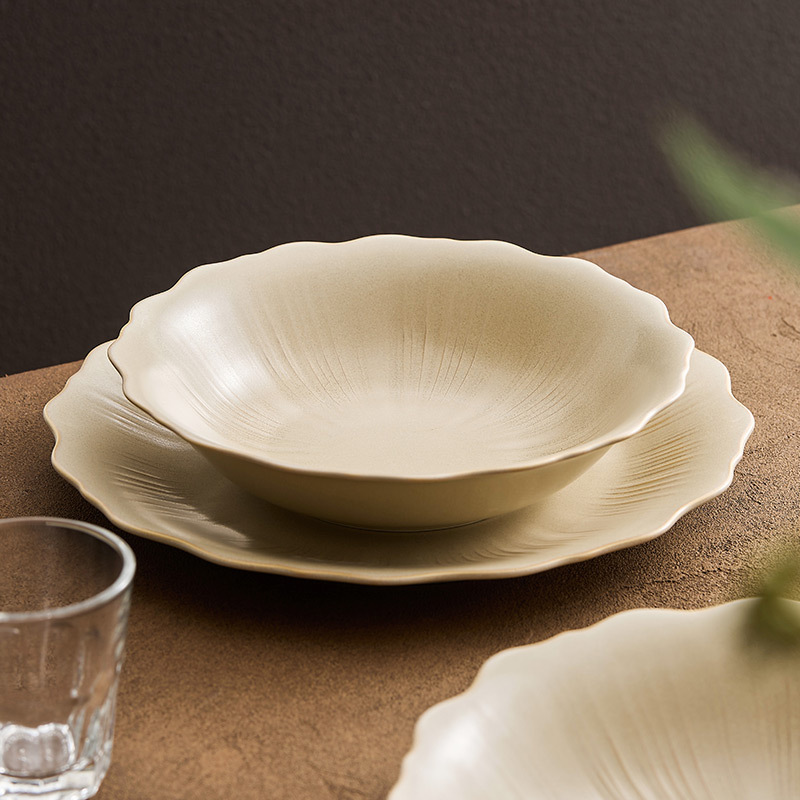 Đĩa ren màu be trở thành lò nung Đức Hoa, đĩa đựng đồ ăn bằng gốm cao cấp gia dụng, đĩa canh sâu, đĩa nông, đĩa phẳng cỡ lớn