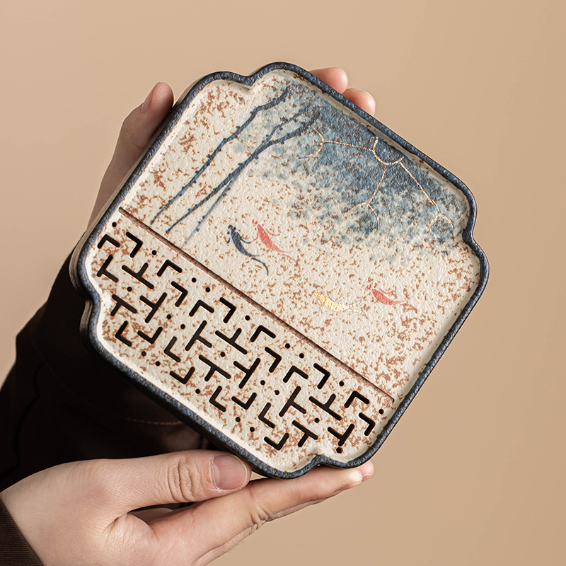 Ấm gốm đỏ đá lửa trắng xanh, bàn pha khô, vẽ tay vàng, khay trà cá koi vần sen vẽ tay, phụ kiện trà đạo