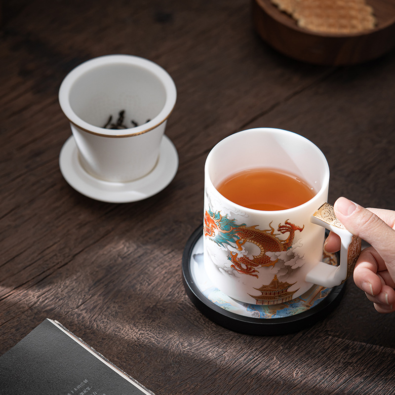 Cốc văn phòng bằng sứ trắng ngọc bích có tay cầm cốc pha trà tách trà rồng phượng 2024 cốc nước cao cấp quà tặng năm rồng