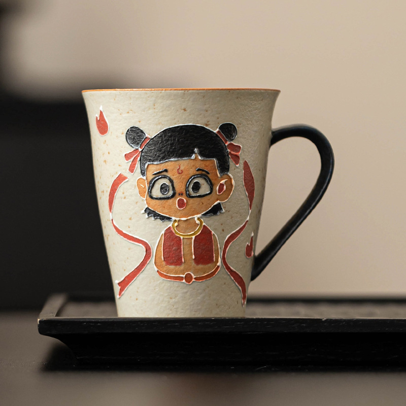 Cốc Nezha đỏ đá lửa xanh trắng cốc trà cỡ lớn cốc cà phê gốm sứ tinh xảo cao cấp cốc uống nước gia dụng