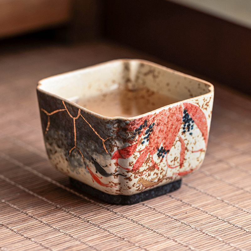Cốc trà gốm đỏ đá lửa trắng, cốc chủ nhân, cốc uống trà đãi khách gia dụng, cốc trà Kung Fu kiểu Trung Quốc sáng tạo, cốc vuông