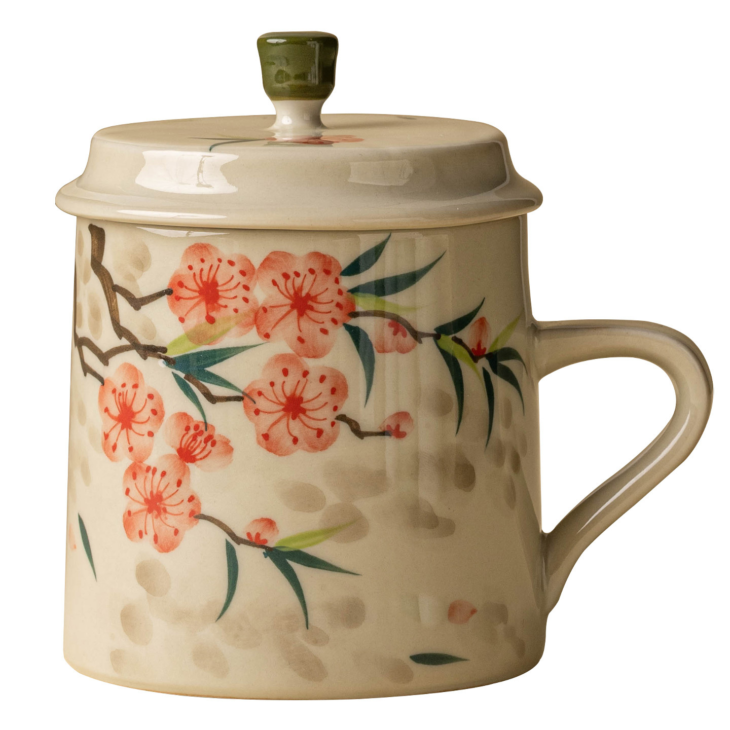 Cốc uống nước bằng gốm sứ hoa đào vẽ tay, cốc uống nước gia dụng bằng gốm có nắp, cốc trà dung tích lớn dành riêng cho nữ