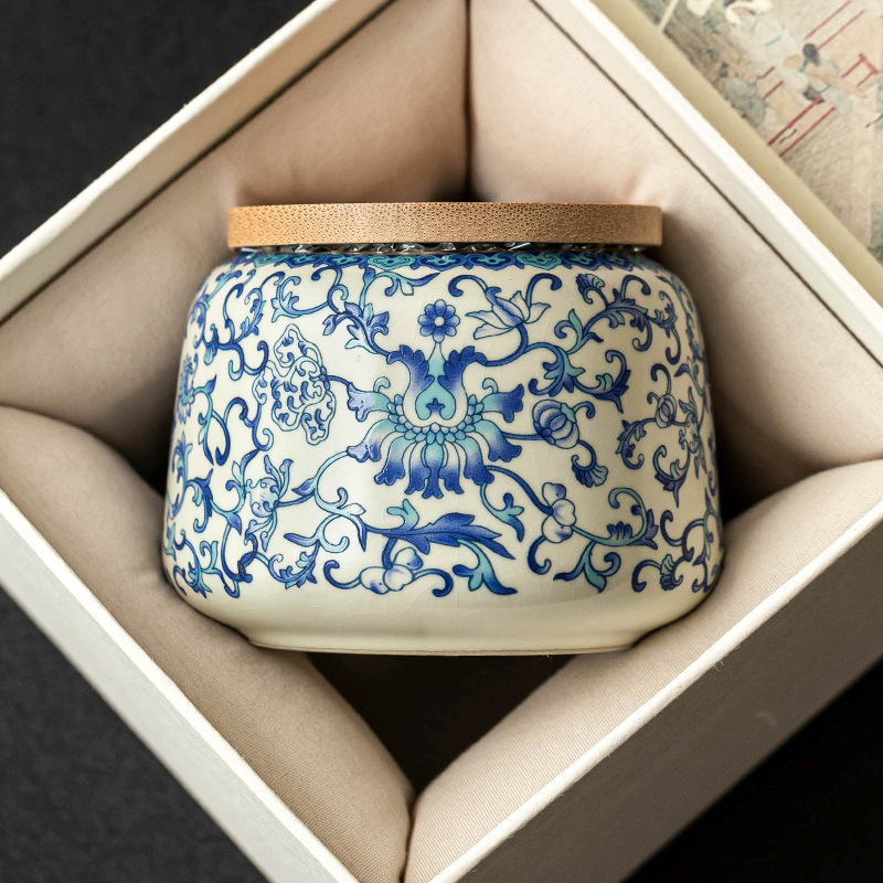 Bình đựng trà gốm sứ, bình đựng trà hoa sen xanh trắng ở lò cảm giác cao cấp, bình kín chống ẩm, bình đựng trà kiểu Trung Quốc