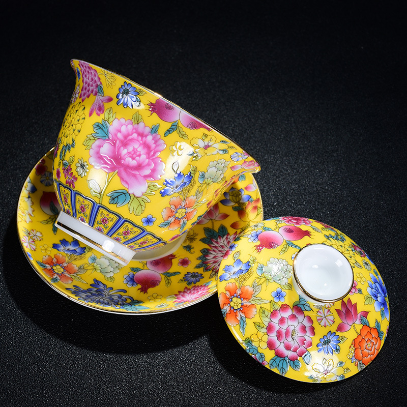 Cốc trà bát có nắp tam tài tráng men đơn gốm sứ Jingdezhen bộ trà bát trà bộ bán buôn gia dụng