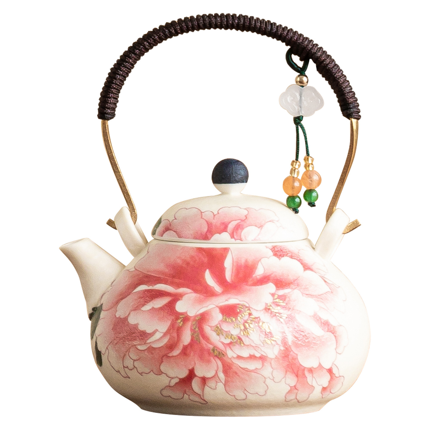 Ấm trà gốm trắng đá mỏ ấm trà mẫu đơn sơn vàng dụng cụ pha trà Kung Fu phong cách Trung Quốc gia dụng ấm đơn lọc