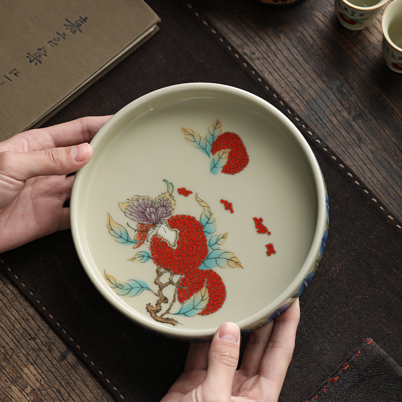 Chậu vải thiều gốm sứ, bàn pha khô, phụ kiện bộ trà kungfu cao cấp kiểu Trung Quốc, bát có nắp đựng đồ ăn nhẹ, khay đựng trà