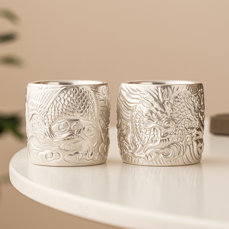 999 sterling bạc Sứ mạ bạc rồng phượng cốc chủ nhân cốc đơn cốc trà cao cấp cốc đôi Bộ trà Kung Fu cốc trà cốc trà