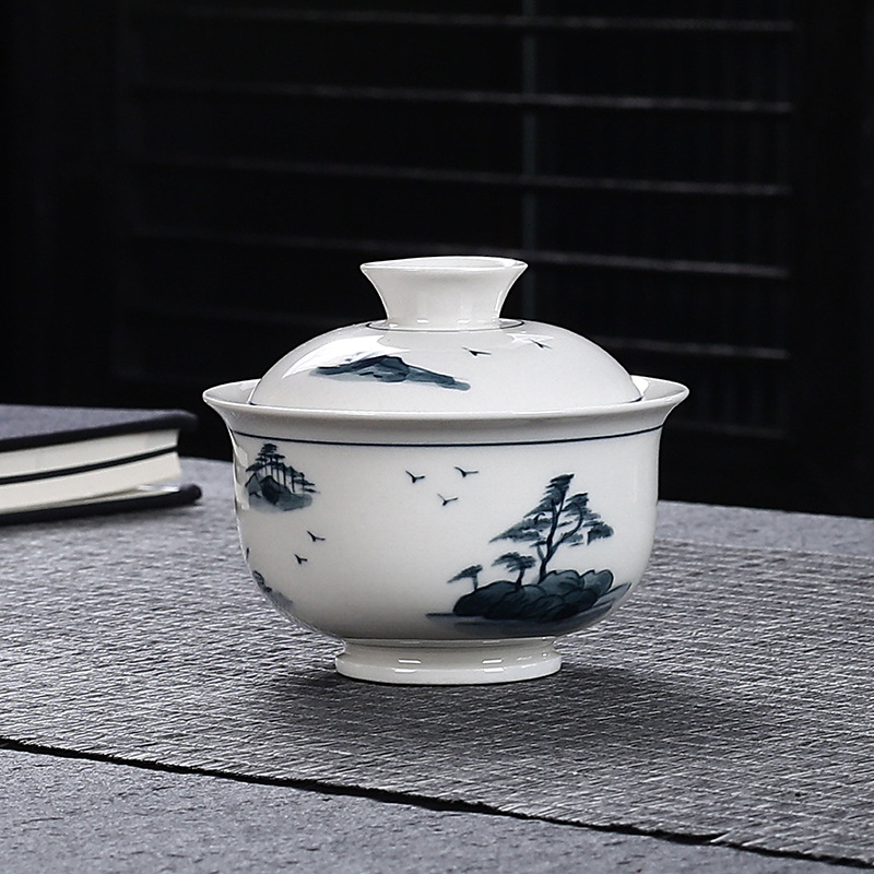 Bát có nắp màu xám thực vật vẽ tay, bình pha trà đơn phong cảnh, dụng cụ pha trà Kung Fu cao cấp gia dụng, bình trà