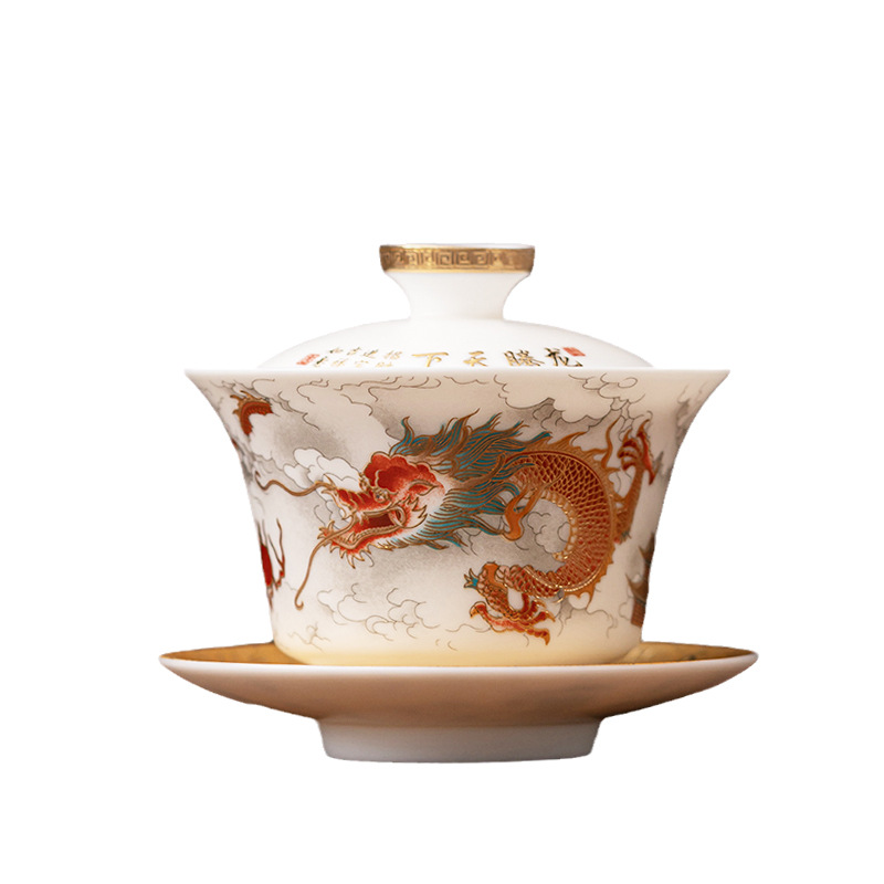 Cao cấp mỡ cừu ngọc sứ long phượng tam tài bát trà cốc pha trà bào mỏng bát pha trà công phu có nắp ấm tay cỡ lớn