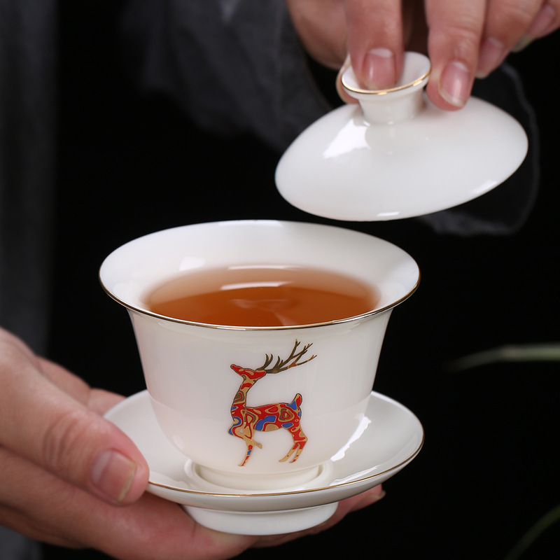 Bộ ấm trà Kung Fu bằng sứ ngọc cừu Bộ chén trà có nắp Gốm sứ gia dụng trọn bộ logo quà tặng doanh nghiệp trung thu