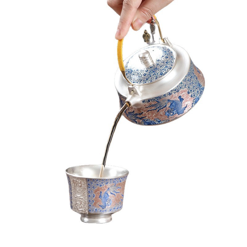 Bộ ấm trà mạ bạc một ấm bốn cốc ấm trà Kung Fu tách trà cao cấp quà tặng công ty cho người lớn tuổi về hưu