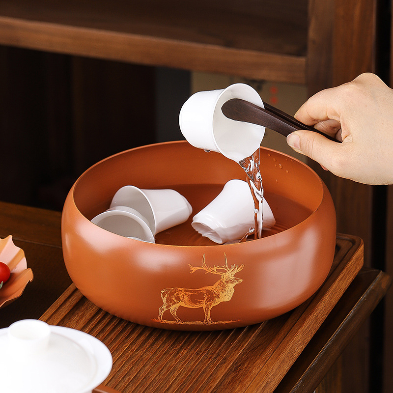 Cốc trà cao cấp bằng đồng thau, thùng rửa trà cực lớn, chậu nước, phụ kiện bộ trà Kung Fu lớn, rửa trà bằng đồng kiểu Nhật có màu nóng