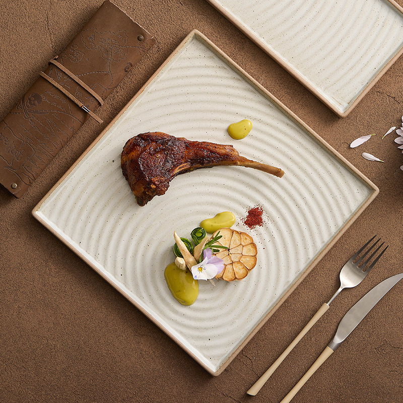 Đĩa vuông bằng gốm thô, đĩa đồ ăn phương Tây cao cấp, đĩa bít tết, nhà hàng, nhà hàng, đĩa ăn thương mại, đĩa phẳng có ren kéo tay