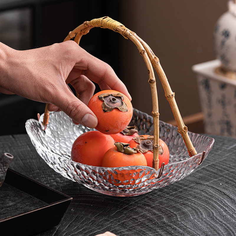 Đĩa trái cây thủy tinh vân búa, Bàn cà phê phòng khách gia dụng, giỏ trái cây cầm tay, đĩa lưu trữ đồ ăn nhẹ phong cách sang trọng nhẹ