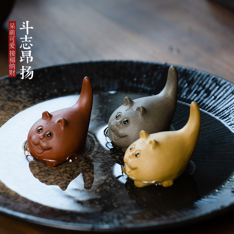 Đồ trang trí hổ vật nuôi trà cát tím làm bằng tay hoạt hình Mèo hoàng đạo Trà chơi côn trùng điêu khắc gốm sứ phụ kiện bán buôn