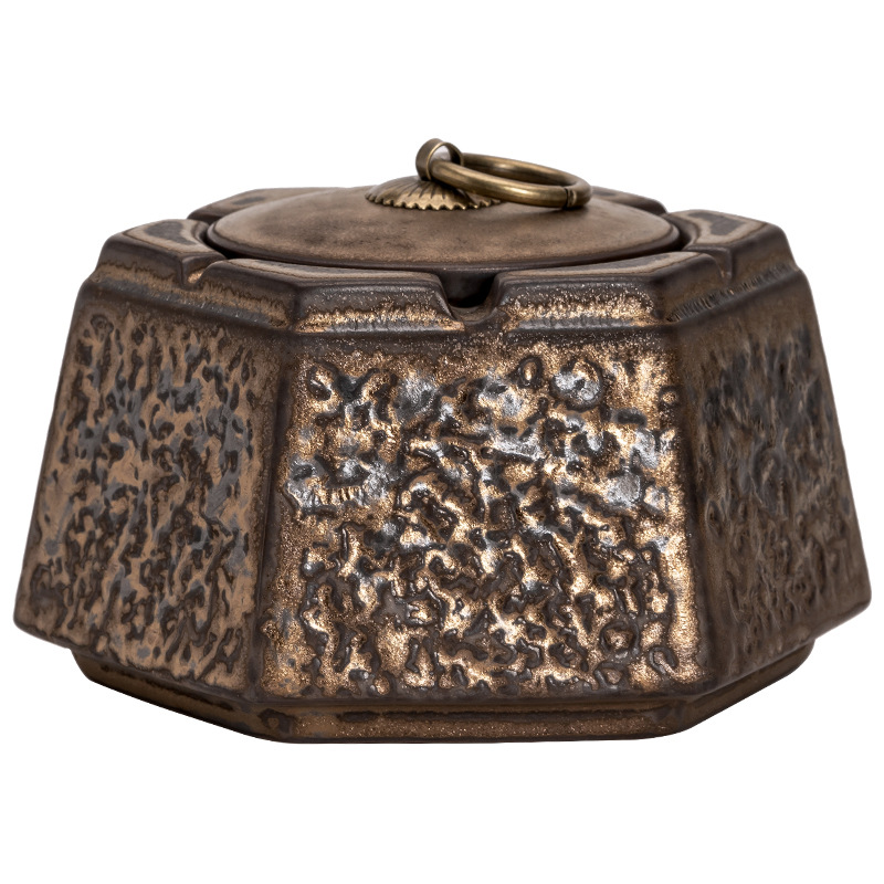 Gạt tàn men sắt mạ vàng kiểu Nhật, gạt tàn gốm cỡ lớn chống bay có nắp đậy phòng khách gia dụng kiểu Nhật