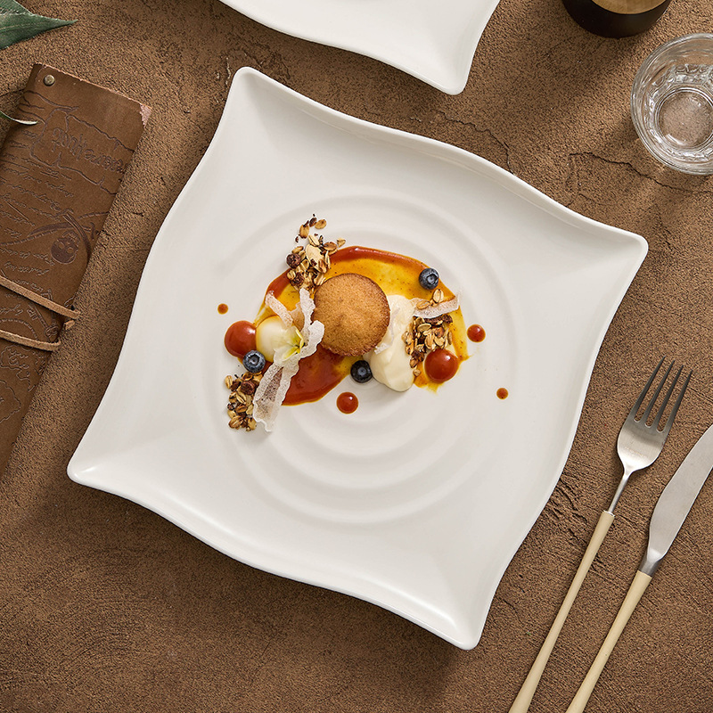 Đĩa nông có sợi, đĩa gốm sứ, đĩa đựng đồ gia dụng, đĩa đựng đồ vuông màu trắng, đĩa đựng đồ ăn, đĩa đựng đồ ăn khách sạn, đĩa bít tết tây