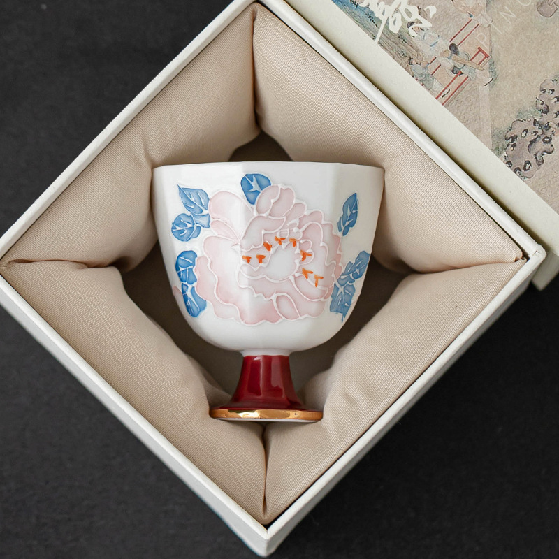 Vẽ tay hoa mẫu đơn vàng cao cốc gốm khắc trà bộ trà tinh tế cá nhân chủ cốc trà cốc đơn