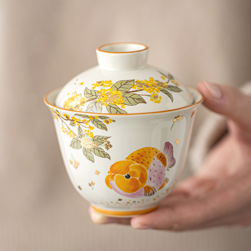 Bát có nắp hai cá osmanthus vàng xám thực vật phong cách quốc gia Bộ trà Kung Fu gốm sứ gia dụng Bát pha trà Trung Quốc Bát trà