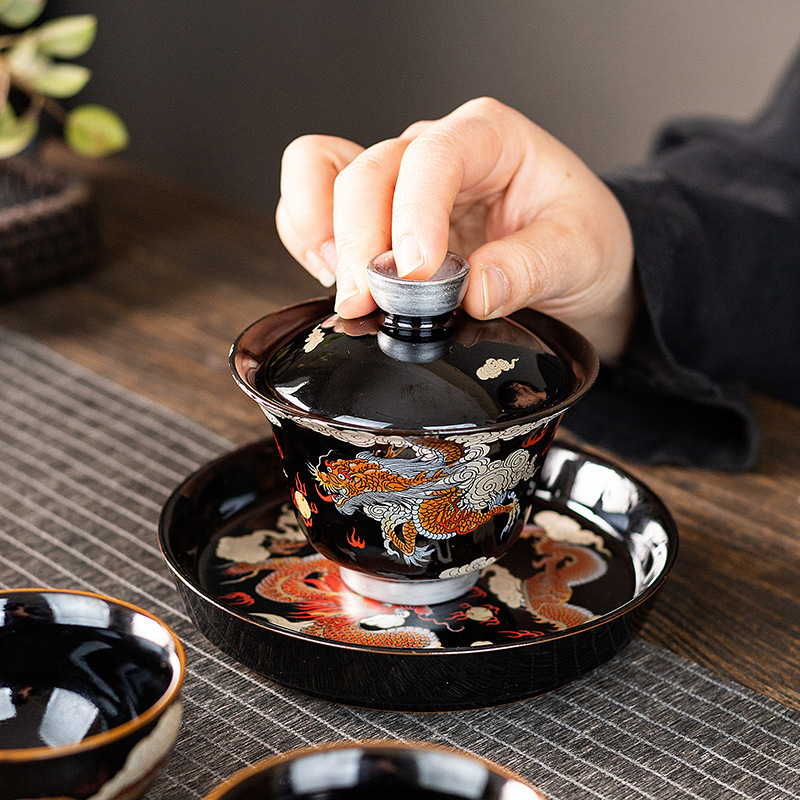 Bát có nắp tam tài phong cách cung điện rồng phượng tráng men sang trọng Bát pha trà gia dụng cỡ lớn Bát pha trà gốm sứ Kung Fu
