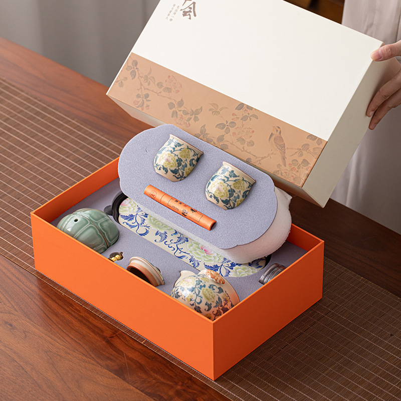 Bộ ấm trà Kung Fu lò Ru màu xanh và trắng, ấm trà cầm tay cao cấp có thể giữ được, hộp quà văn phòng gia dụng