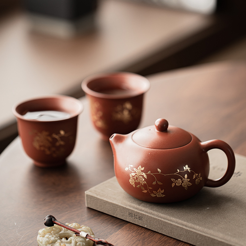 Bộ ấm trà Xi Shi hoa sen mạ vàng tím bộ ấm pha trà cổ điển một ấm hai cốc bộ trà quà tặng gia dụng hộp quà