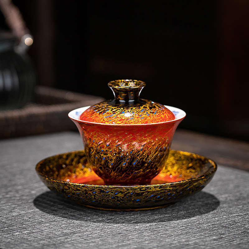 Bộ trà Suyuan Lacquerware Phủ Châu Sơn Mài Màu đỏ Ngọc trai Dung tích lớn Không nóng Bát phủ ba tài Bát trà vẽ tay