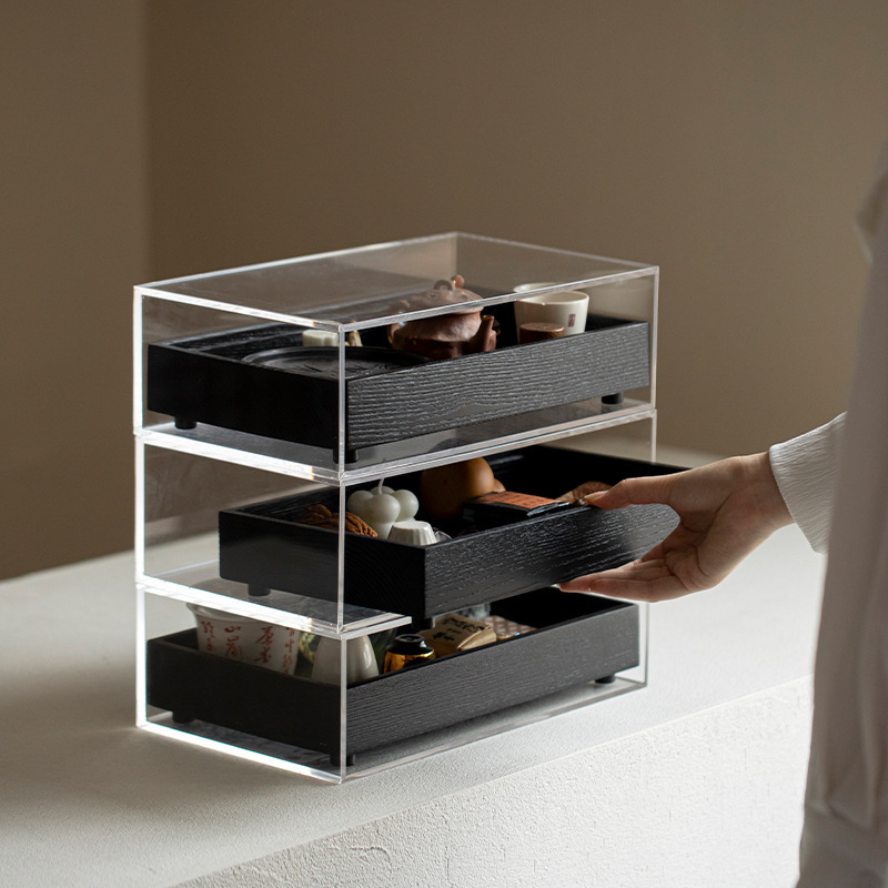 Gỗ nguyên khối nhiều lớp bộ trà hộp bảo quản acrylic tủ trà ấm trà trang sức hộp bảo quản tủ trưng bày phụ kiện trà