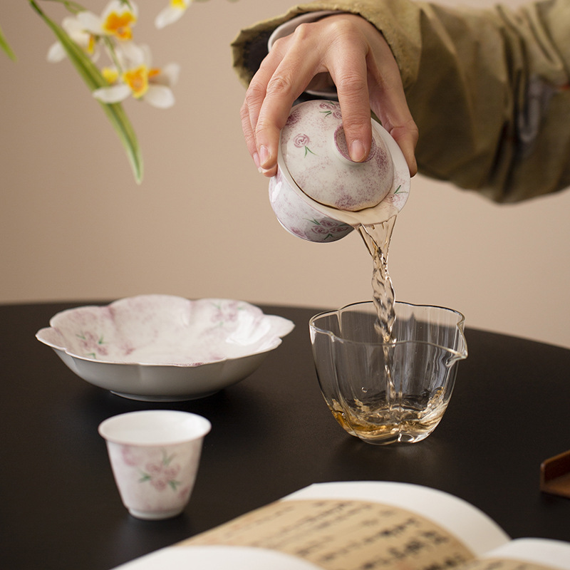 Vẽ tay hoa hồng tráng men màu bát ba tài dụng cụ pha trà gốm sứ