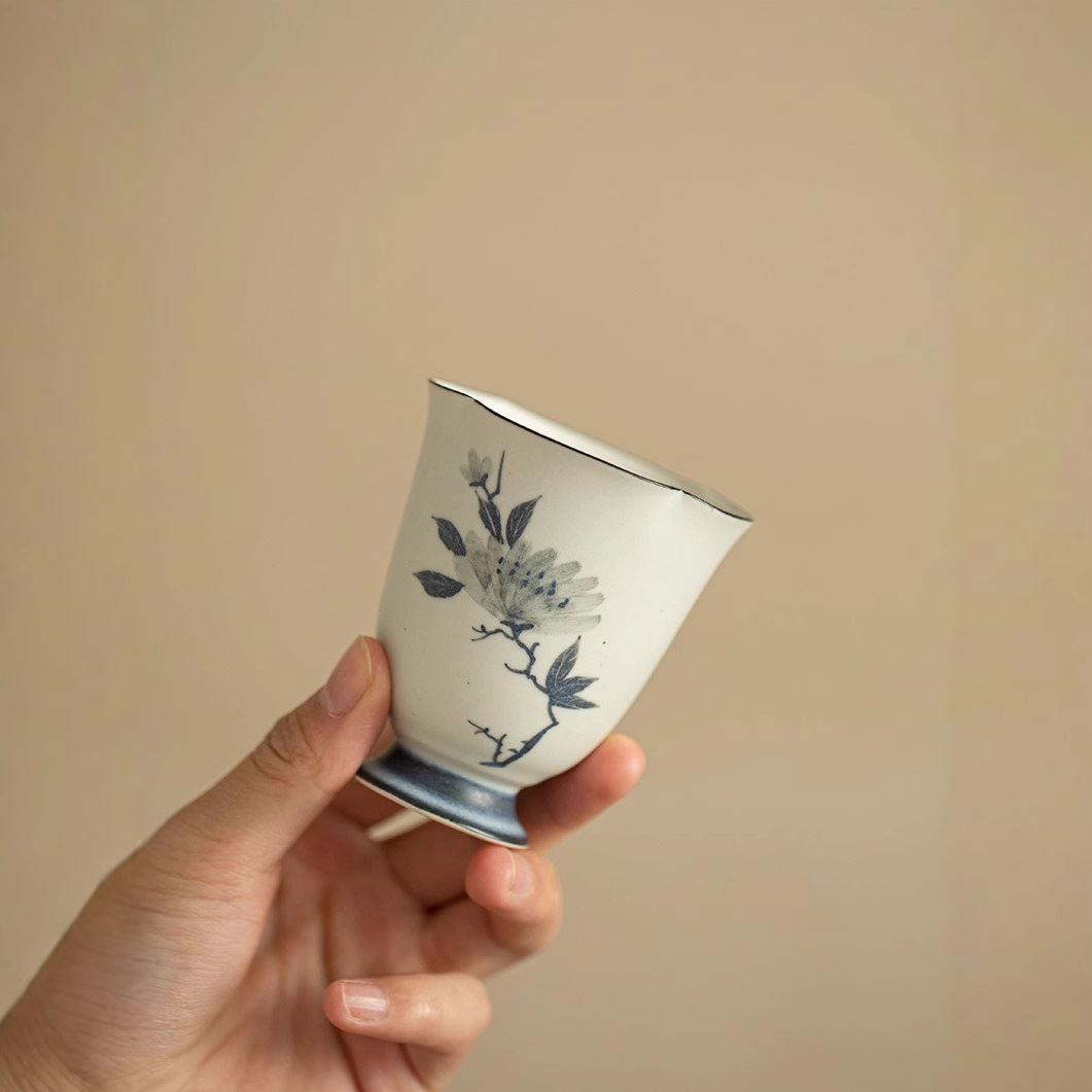 Cốc miệng hoa mẫu đơn vẽ tay cổ điển, cốc chủ nhân gốm sứ gia dụng, cốc trà chuyên dụng cá nhân, bộ trà, cốc trà