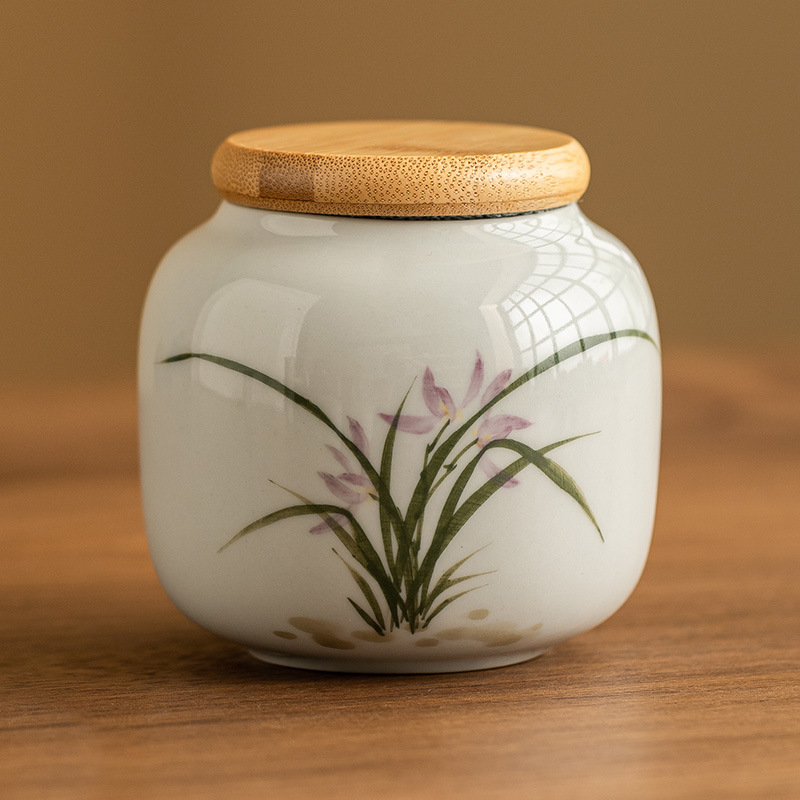 Bình trà gốm sứ hoa lan vẽ tay Bình rỗng Bình lưu trữ trà cầm tay Bình kín chống ẩm Bình trà cỡ nhỏ kiểu Trung Quốc