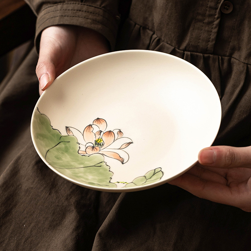 Bình hoa sen vẽ tay màu hồng, khay đựng gốm sứ gia dụng hình tròn, khay đựng trà cổ điển kiểu Trung Quốc, phụ kiện trà đạo
