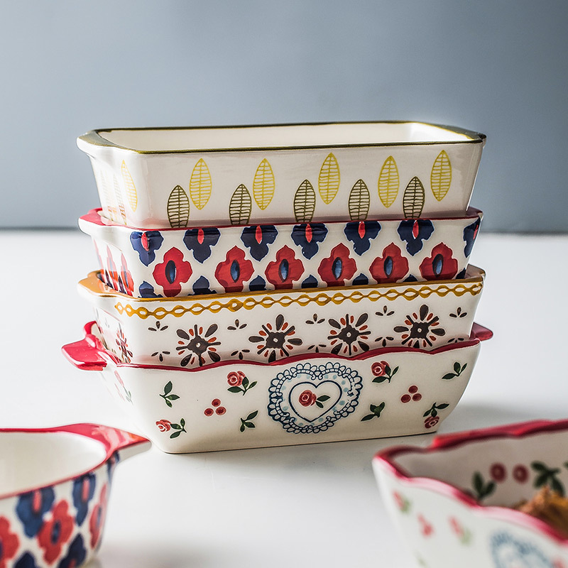 Khay nướng gia dụng, Khay Gốm, đĩa hình chữ nhật sáng tạo, bát nướng phô mai, bộ đồ ăn chuyên dụng cho lò vi sóng