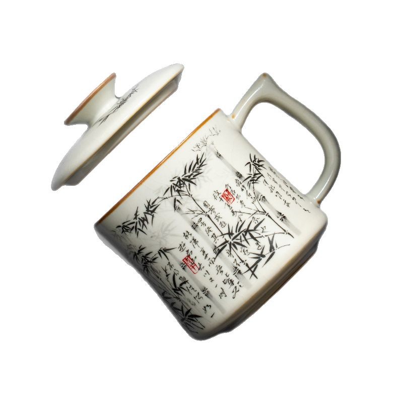 Cốc trà tre mực Ru Kiln cốc nước gốm có nắp cốc cốc cốc uống trà văn phòng cao cấp chuyên dụng cá nhân