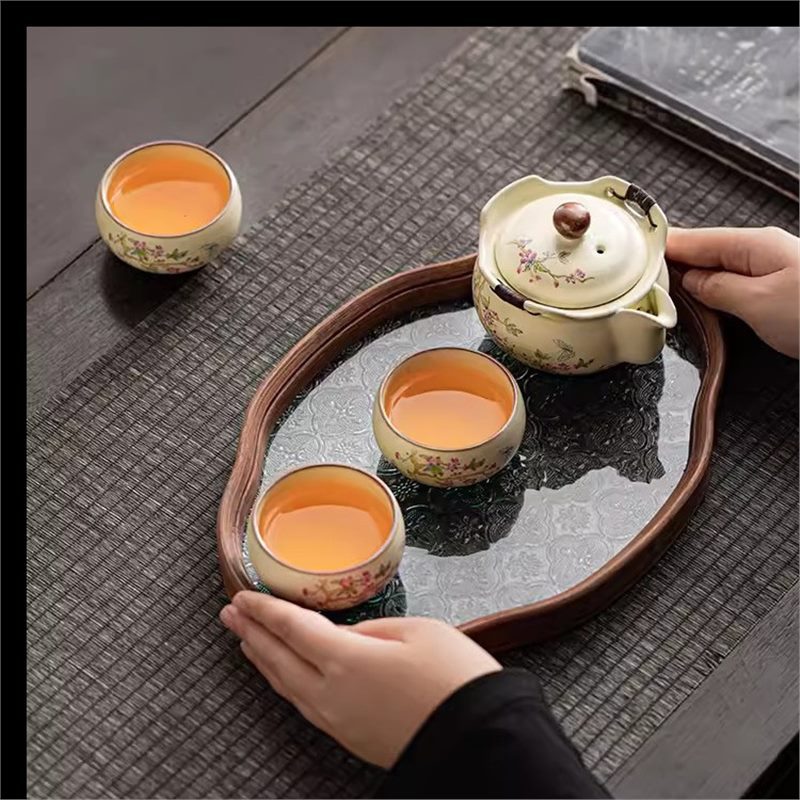 Bát có nắp lò Ru màu be, ấm cầm tay, tách trà, khay trà, bát trà pha trà chống bỏng, bộ trà Kung Fu cao cấp, bán buôn