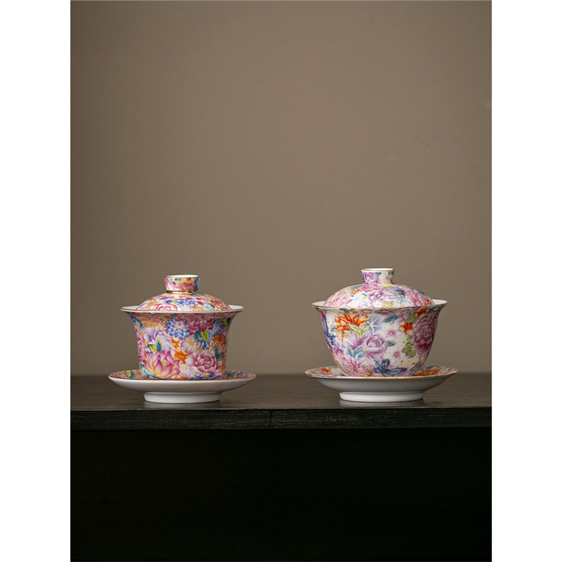 Bát trà cốc trà tam tài vạn hoa bộ trà công phu phong cách Trung Quốc bộ trà bát trà tráng men màu cao cấp gia dụng