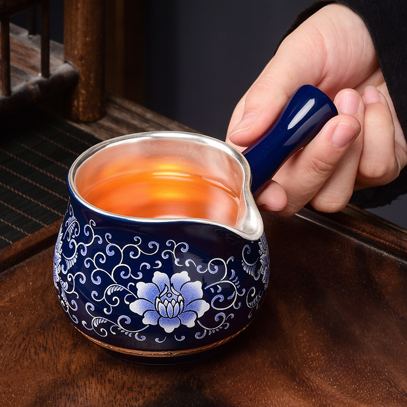 Cốc công bằng mạ bạc màu xanh và trắng 999 cốc công bằng tay cầm bên cốc chia bộ đồ trà bộ trà gốm sứ chịu nhiệt độ cao