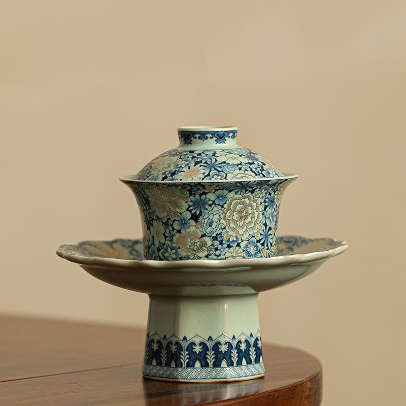Bát nắp tam tài hoa văn gốm sứ gia dụng phong cách Trung Quốc cổ điển bộ trà sứ bát sứ đồ pha trà lớn màu xanh và trắng